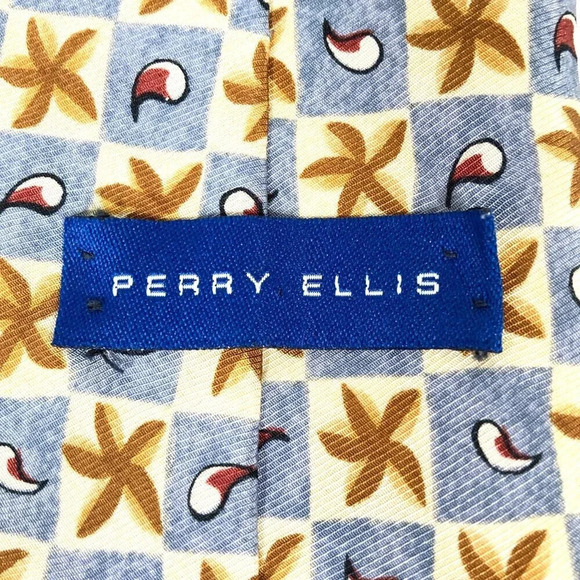 Perry Ellis Silk Neck Tie, Blue & Gold, Starfish Paisley Pattern, Made in USA - Picture 2 of 5